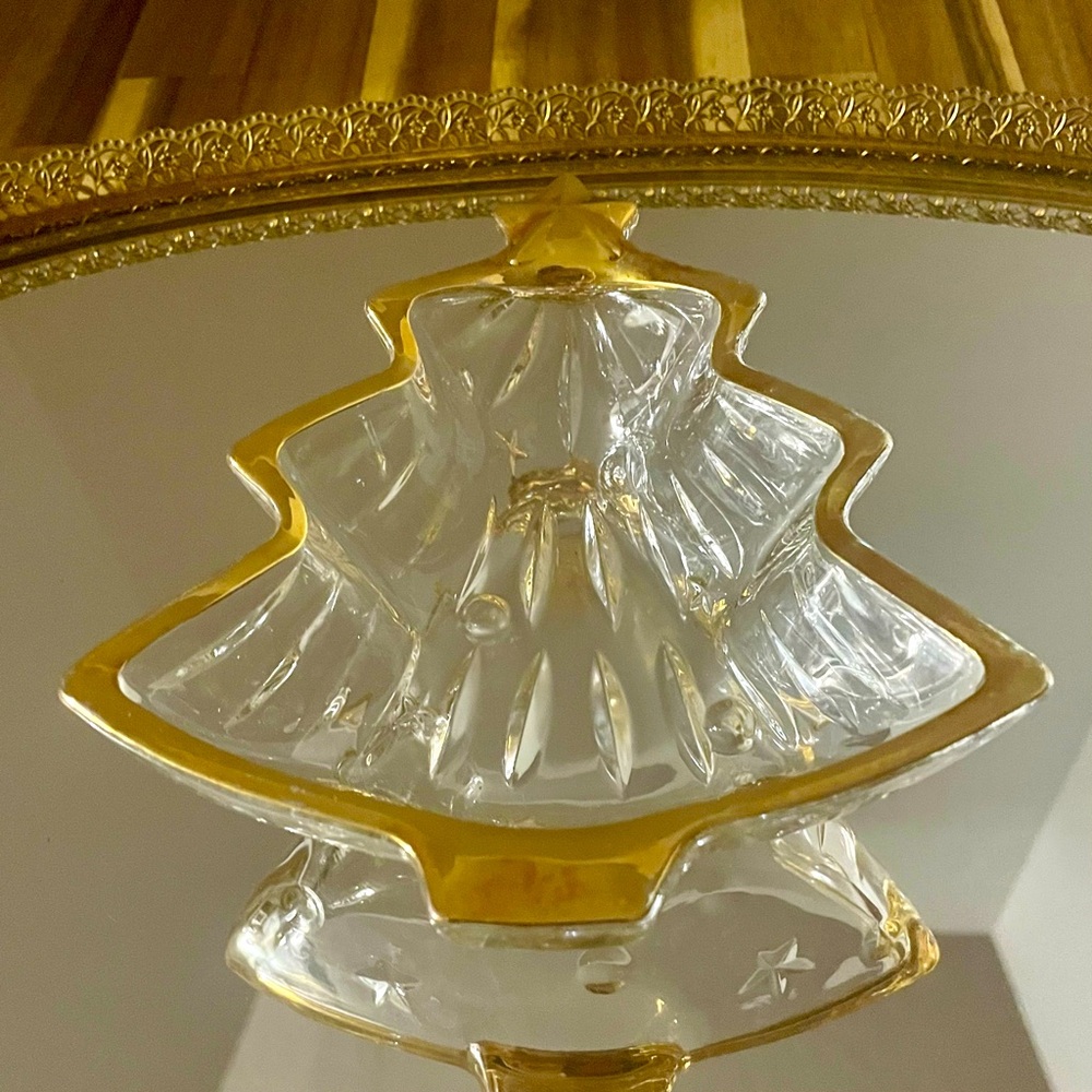 Vintage 1980s Christmas Tree Gold Rimmed Glass Candy Dish Studio Nova